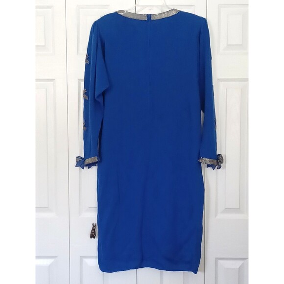 VINTAGE DON SAYERS For WELLMORE Blue Beaded 3D Bows On Sleeves SWEATER DRESS 12 - Picture 2 of 13